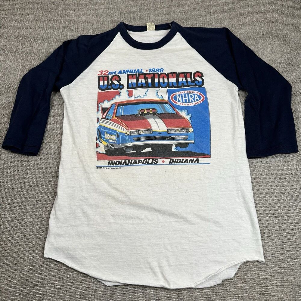 Vintage L NHRA Nationals White Ringer 3/4 Sleeve Single Stitch Screen Stars 1986